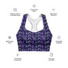 Neon Rainbow Print Navy High Support Sports Bra with text details. Features include high-impact support, breathable fabric, and vibrant neon rainbow patterns for a stylish and functional activewear piece.