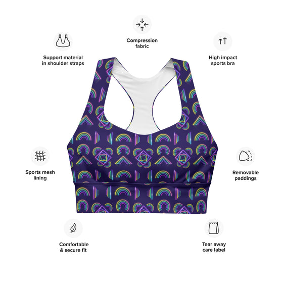 Neon Rainbow Print Navy High Support Sports Bra with text details. Features include high-impact support, breathable fabric, and vibrant neon rainbow patterns for a stylish and functional activewear piece.