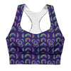 Front view of the Neon Rainbow Print Navy High Support Sports Bra. Vibrant neon rainbow print on navy background, offering high support for all types of workouts and daily wear.