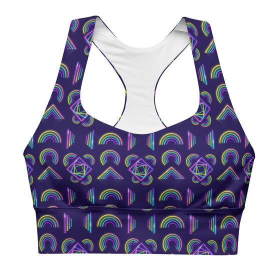 Front view of the Neon Rainbow Print Navy High Support Sports Bra. Vibrant neon rainbow print on navy background, offering high support for all types of workouts and daily wear.