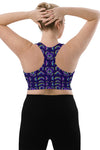 Back view of the Neon Rainbow Print Navy High Support Sports Bra in large size. High-impact support with a stylish racerback design, perfect for freedom of movement and intense workouts.