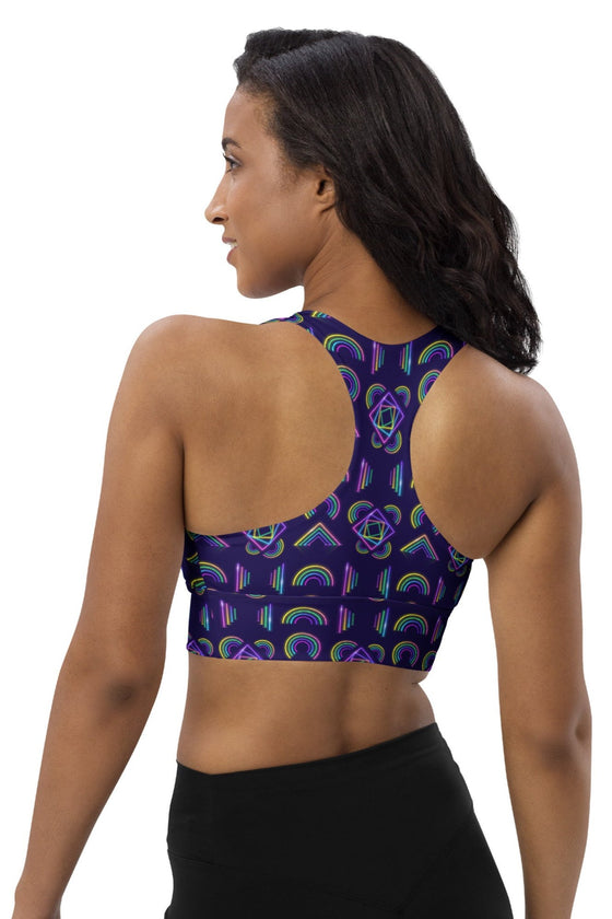 Back view of the Neon Rainbow Print Navy High Support Sports Bra. Racerback design for added mobility and comfort during high-impact activities, with breathable fabric to keep you cool.
