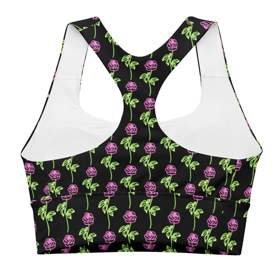 Back view of Neon Roses Black Racerback Sports Bra. Designed with double-layered front and shoulder straps, this sports bra ensures maximum support for high-impact exercises like running and weightlifting.
