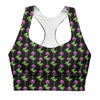 Front view of Neon Roses Black Racerback Sports Bra. The vibrant neon rose design combines with high-performance compression fabric to offer optimal support for all your gym and fitness activities.