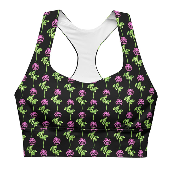 Front view of Neon Roses Black Racerback Sports Bra. The vibrant neon rose design combines with high-performance compression fabric to offer optimal support for all your gym and fitness activities.