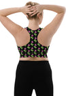 Back view of Neon Roses Black Racerback Sports Bra, large size. Racerback design provides freedom of movement, while the compression fabric offers superior support during intense gym workouts or outdoor activities.