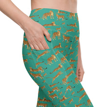  Close-up of Niagara Green Leopard Print Yoga Leggings for Women, featuring functional side pockets and a bold, vibrant leopard print design, perfect for workouts and casual wear.