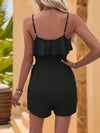 Back view of the Perfee Ruffled Surplice Romper highlighting the elegant spaghetti strap design.