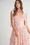 Feminine close view of Pink Floral Printed Midi Dress with gentle straps and a light, open finish