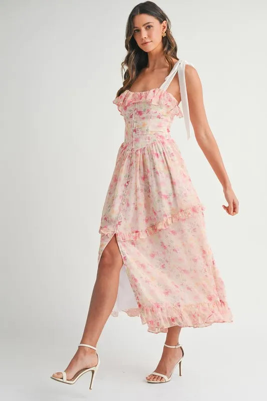 Elegant front view of Pink Floral Midi Dress featuring delicate shoulder straps and floral print