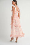  Side view of Pink Floral Shoulder Strap Midi Dress showing movement and soft flow of the fabric