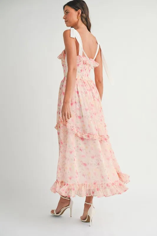  Side view of Pink Floral Shoulder Strap Midi Dress showing movement and soft flow of the fabric