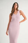 Delicate lavender style from the front of the Pink Lavender Lace Up Knit Midi Dress featuring a classic lace-up look.