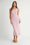 Textured knit close-up in the front view of the Pink Lavender Lace Up Knit Midi Dress with gentle, feminine lines.