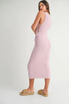 Body-hugging fit seen in the side view of the Pink Lavender Lace Up Knit Midi Dress, enhancing the silhouette.