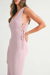 Fitted knit charm of the Pink Lavender Lace Up Knit Midi Dress visible in the side angle with stylish texture.