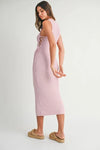  Graceful curve style of the Pink Lavender Lace Up Knit Midi Dress seen from the side, enhancing the fit.