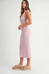 Minimal side style of the Pink Lavender Lace Up Knit Midi Dress showcasing subtle elegance in profile.