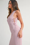Modern side detail in the Pink Lavender Lace Up Knit Midi Dress showing off its structured knit form.

