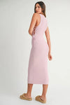 Soft profile look of the Pink Lavender Lace Up Knit Midi Dress showing elegant side lace-up design.