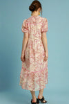 Back view of the Pink Mix Printed Puff Short Sleeve Midi Dress, emphasizing the back design and the flattering fit of the dress.