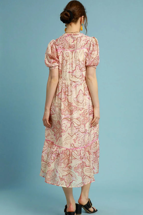 Back view of the Pink Mix Printed Puff Short Sleeve Midi Dress, emphasizing the back design and the flattering fit of the dress.
