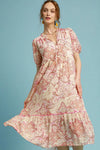 Front view of the Pink Mix Printed Puff Short Sleeve Midi Dress, highlighting the vibrant print and puffed sleeves for a playful and chic look.