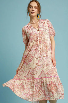  Front view of the Pink Mix Printed Puff Short Sleeve Midi Dress, highlighting the vibrant print and puffed sleeves for a playful and chic look.