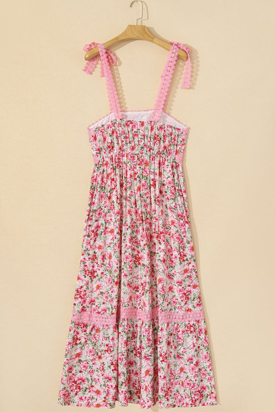 Front image of the pink floral square neck dress featuring a relaxed silhouette and casual charm—great for garden parties or everyday outings.