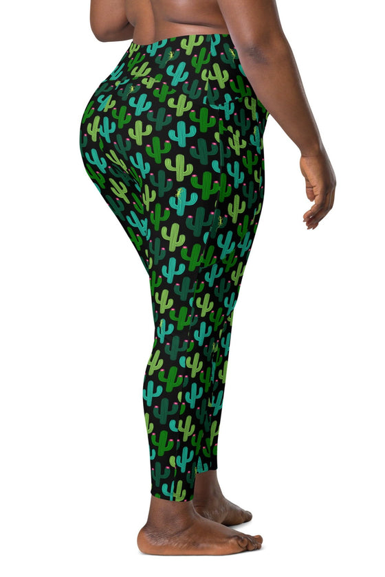 Back view of plus-size Cactus Bloom Black High-Waisted Compression Leggings, featuring a sculpting fit, soft stretch fabric, and stylish cactus print.