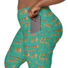 Plus-size woman demonstrating the side pockets of Niagara Green Leopard Print Yoga Leggings, perfect for storing essentials while working out or running errands.
