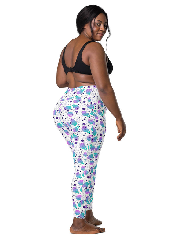 Back view of a plus-size woman in Cosmic Cats White High-Waisted Leggings. Featuring a supportive fit and stylish pocket design, perfect for plus-size women’s yoga pants.