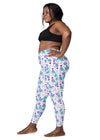 Side view of a plus-size woman in Cosmic Cats White High-Waisted Leggings. Featuring a supportive fit and stylish pocket design, perfect for plus-size women’s yoga pants.