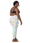 Plus-size woman wearing Melting Hearts White Compression Leggings, showing the back. High-waisted leggings with pockets, providing both comfort and style.