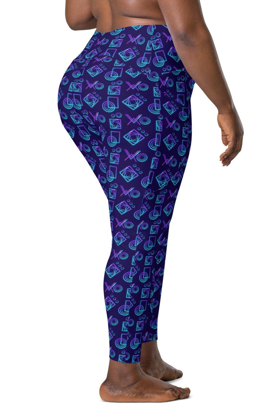 Plus-size woman wearing Neon Geometry Navy High Rise Gym Leggings, showing the back. High-waisted leggings with pockets for a comfortable and stylish fit during workouts and yoga.