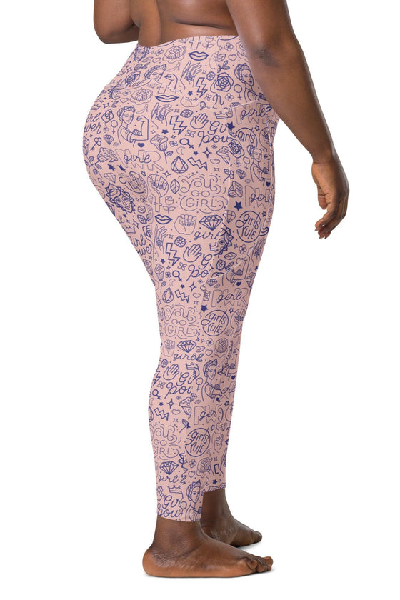 Plus-size woman showing the back of Pastel Pink Girl Power Print Yoga Leggings, featuring the high-waisted fit and empowering "Girl Power" print for a confident, stylish look.