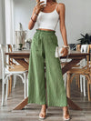 Front view of Pocketed Elastic Waist Wide Leg Pants in green, featuring a relaxed wide-leg fit and practical pockets.