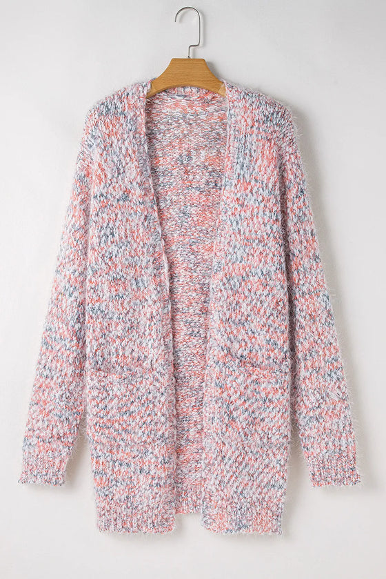 Front view of the Pocketed Open Front Long Sleeve Cardigan, featuring a multicolor knit pattern and functional pockets.