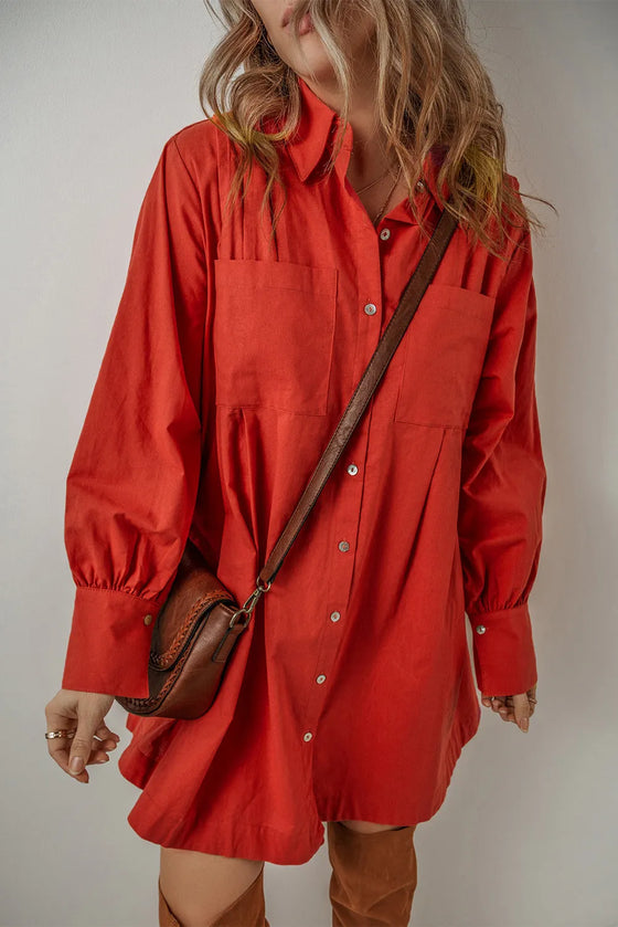 ๐ Pocketed Button Down Long Sleeve Shirt Dress ๐