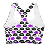 Closeup of racerback and stitching on Pop Lips white sports bra. Eco-friendly compression fabric built for high impact support and everyday wear.