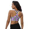 Back view of Pop Lips print sports bra in white. Racerback style with breathable mesh lining for high support and flexible movement during training.