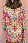 Back view of the Printed Button-Up Long Sleeve Shirt Dress with vibrant patterns and a relaxed silhouette.