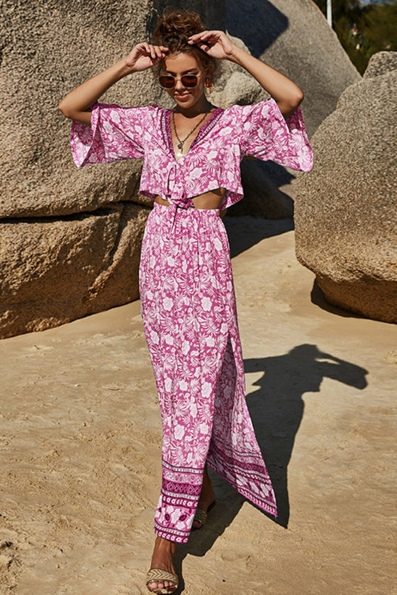 Model styled in the Printed Half Sleeve Top and Slit Skirt Set at a sunny outdoor location, ideal for summer gatherings.