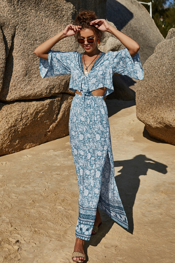 Model styled in the Printed Half Sleeve Top and Slit Skirt Set at a sunny outdoor location, ideal for summer gatherings.