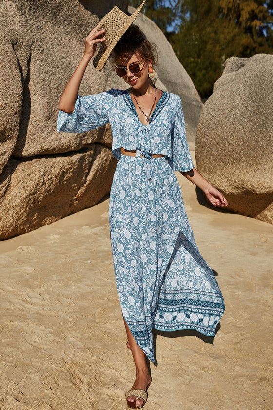 Model styled in the Printed Half Sleeve Top and Slit Skirt Set at a sunny outdoor location, ideal for summer gatherings.