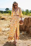 Model styled in the Printed Half Sleeve Top and Slit Skirt Set at a sunny outdoor location, ideal for summer gatherings.