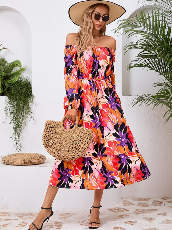 Front view of the Printed Long Sleeve Midi Dress showcasing its vibrant prints, tied waist, and off-shoulder neckline.