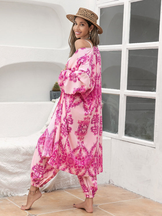 Side view of the Printed Open Front Top and Pants Set, highlighting the flowy pants and open-front top design.