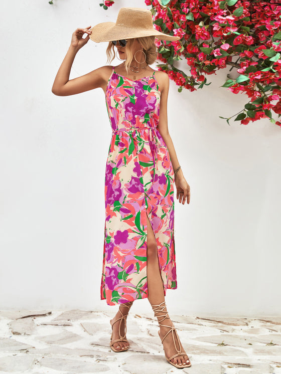 Side view of the Printed Spaghetti Strap Front Slit Dress, showcasing the A-line silhouette and front slit.