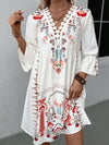 Front image in daylight, bringing out the gentle texture of the fabric and printed accents across the three-quarter sleeves.

